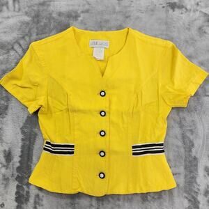 Vintage 70s Leslie Lucks Top Womens 4 Yellow Black Collarless Blazer Buttons Bow